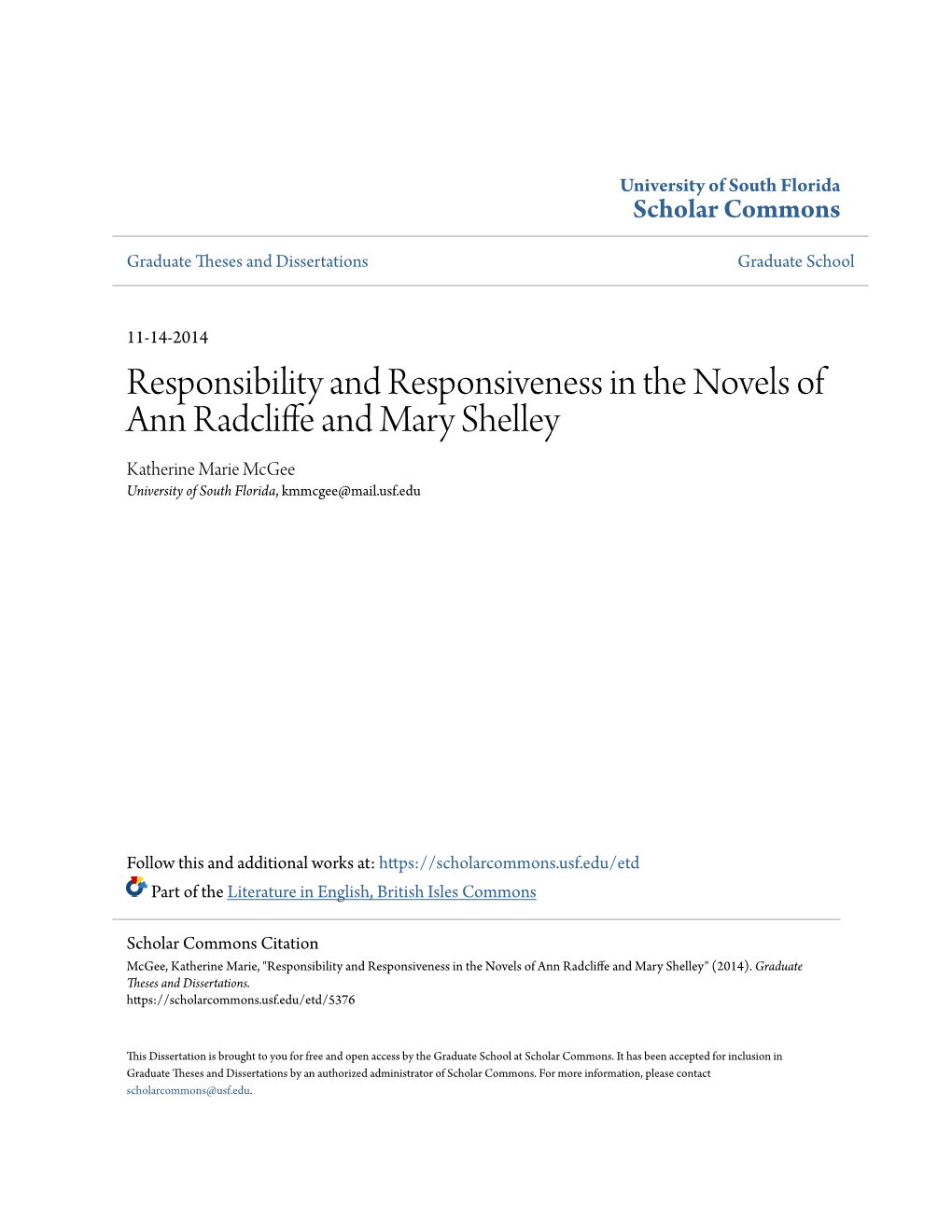 Responsibility and Responsiveness in the Novels of Ann Radcliffe and Mary Shelley