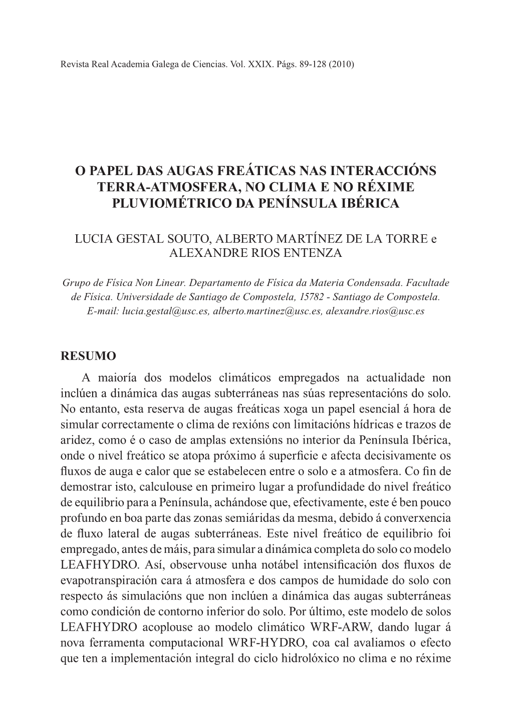 O Papel Das Augas Freáticas Nas Interaccións Terra-Atmosfera, No Clima E No Réxime Pluviométrico Da Península Ibérica