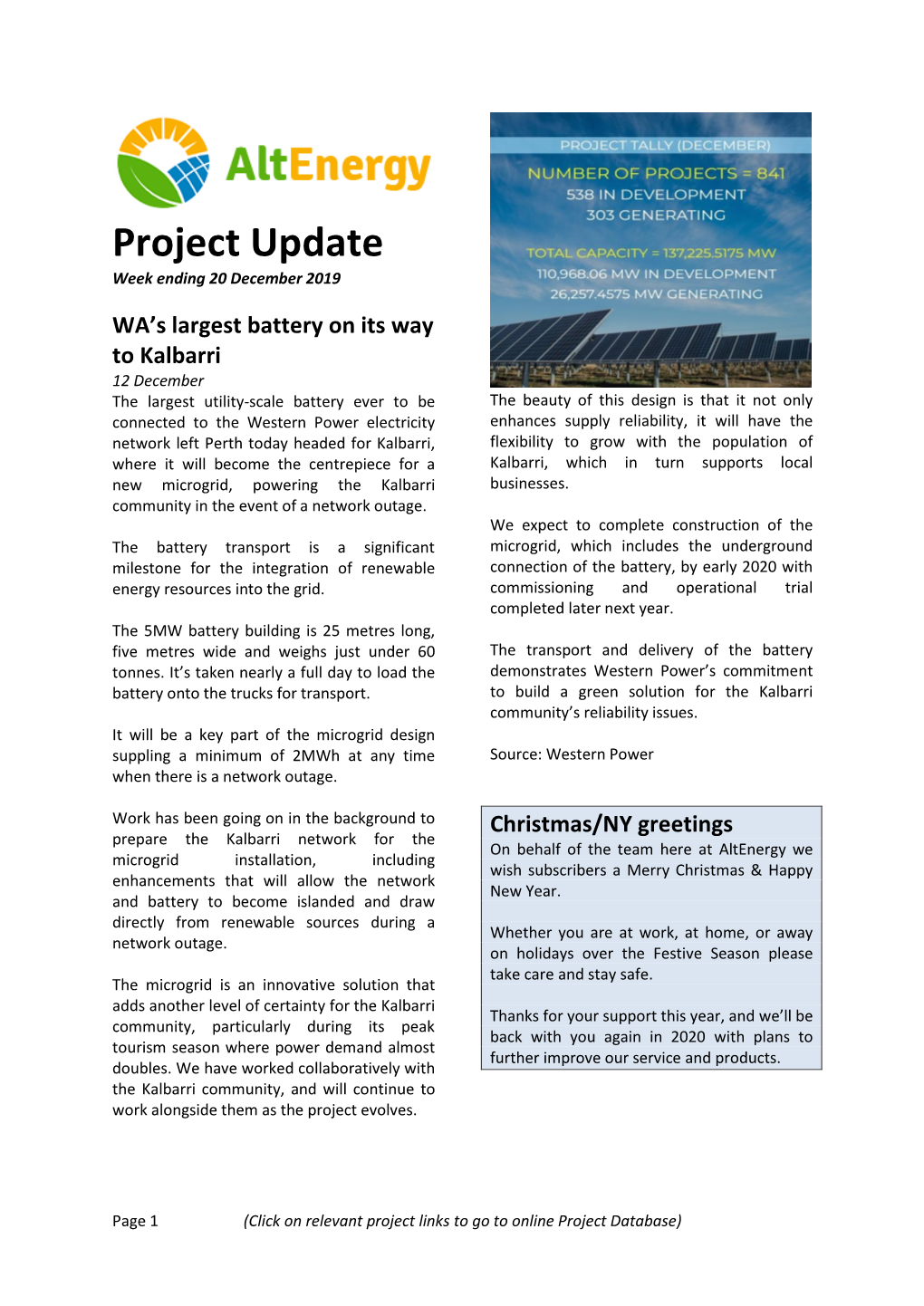 Project Update Week Ending 20 December 2019