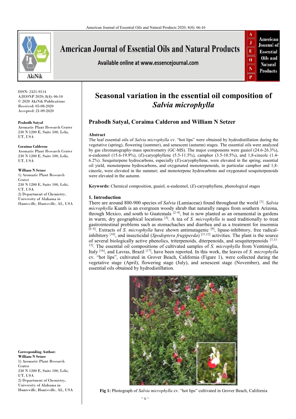Seasonal Variation in the Essential Oil Composition of Salvia Microphylla