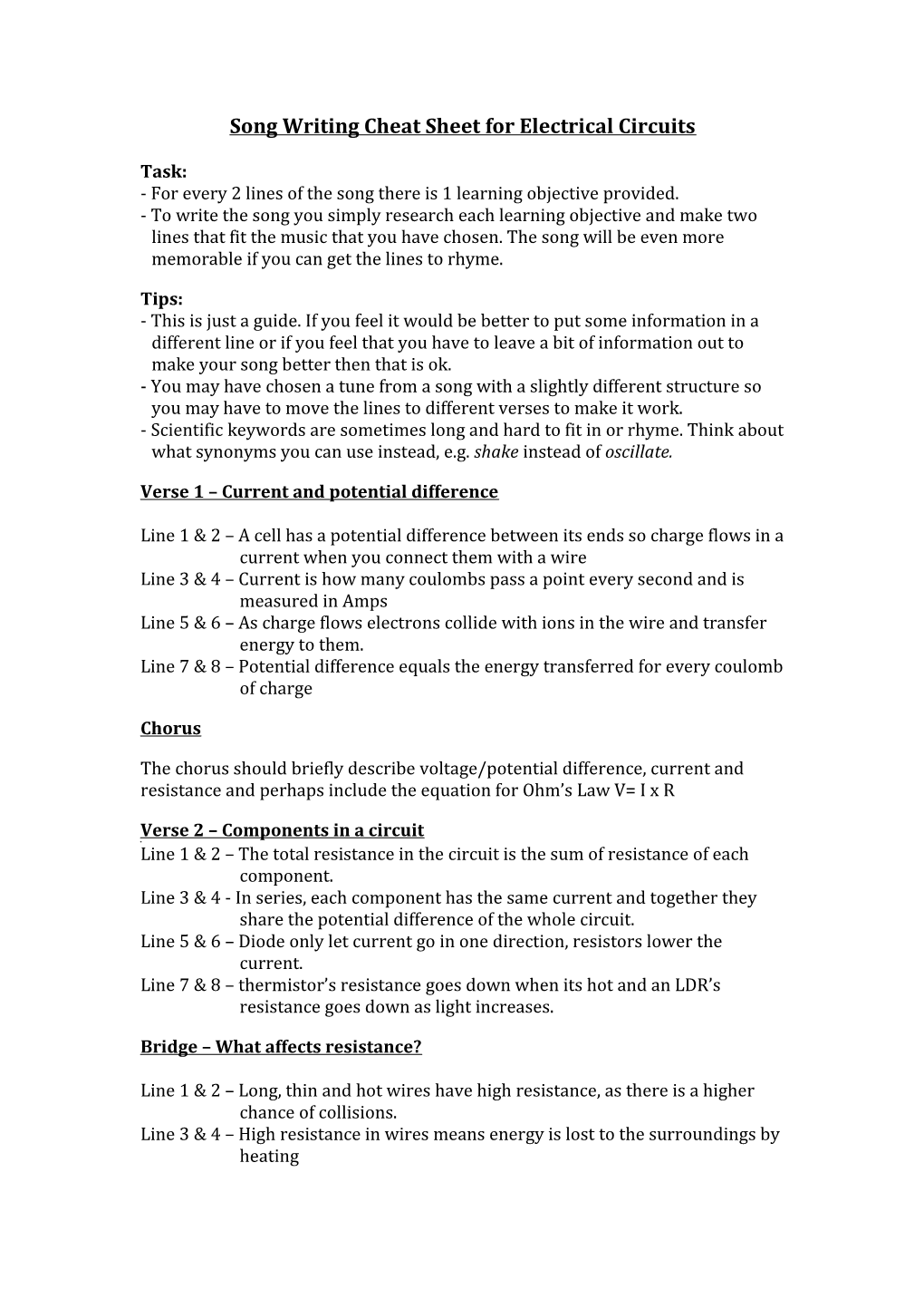 Song Writing Cheat Sheet for Electrical Circuits