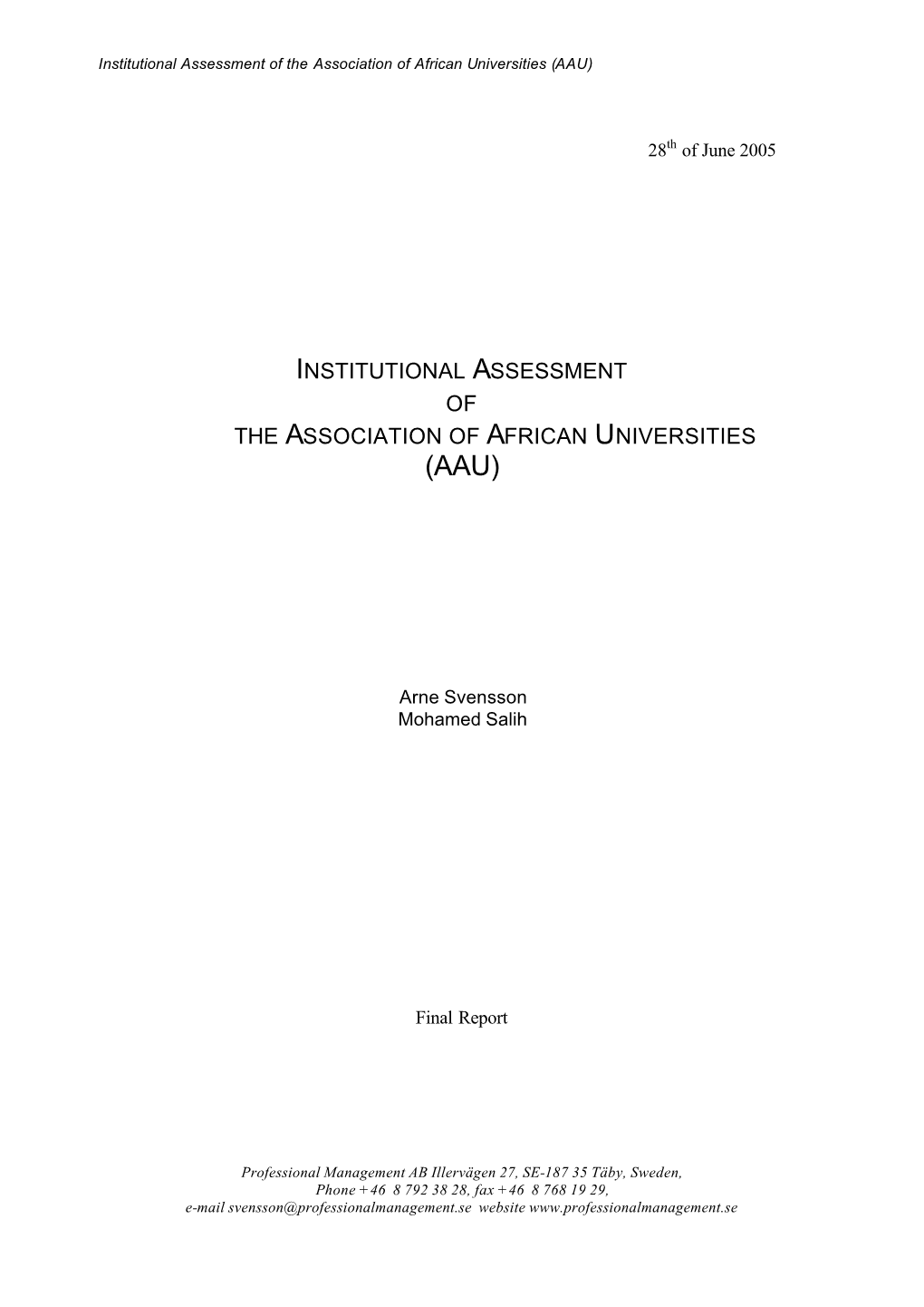 Institutional Assessment of the Association of African Universities (AAU)
