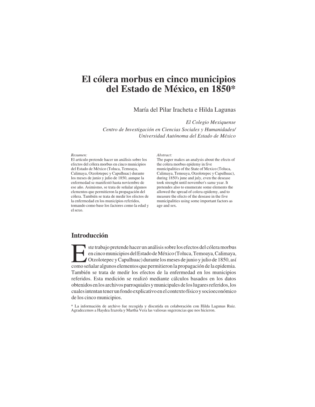 Redalyc.El Cã³lera Morbus En Cinco Municipios Del Estado De MÃ©Xico, En 1850