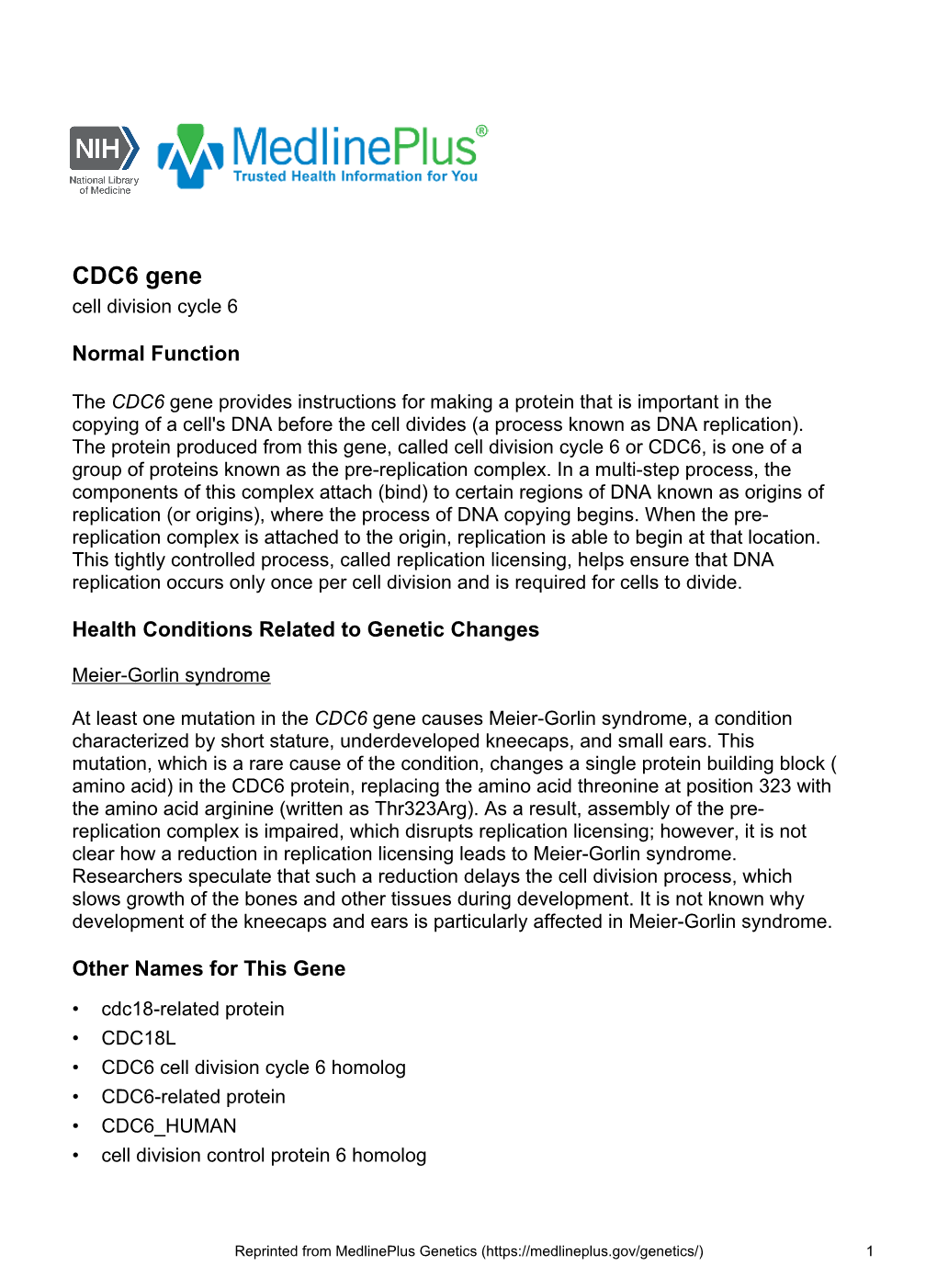 CDC6 Gene Cell Division Cycle 6