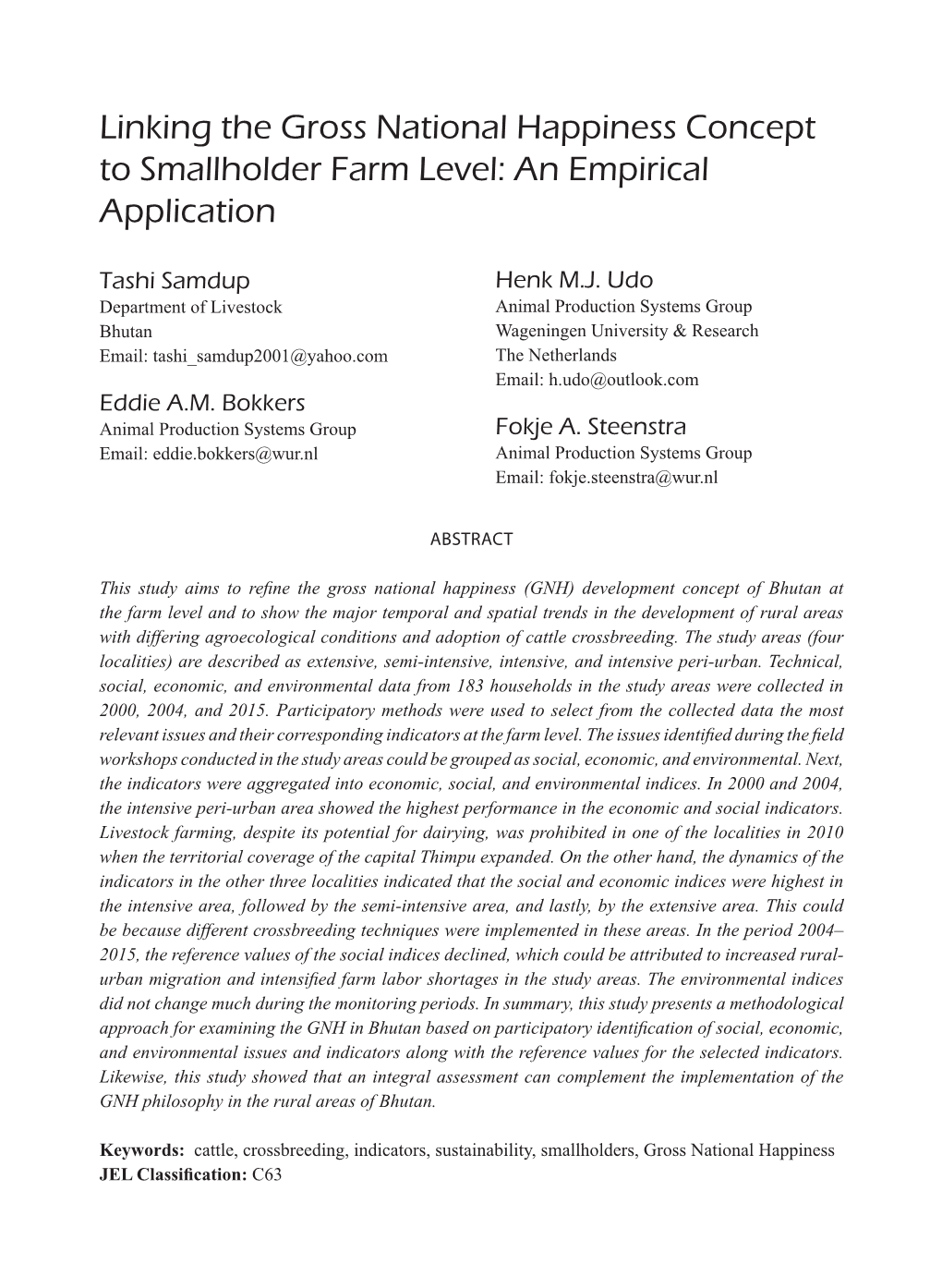 Linking the Gross National Happiness Concept to Smallholder Farm Level: an Empirical Application