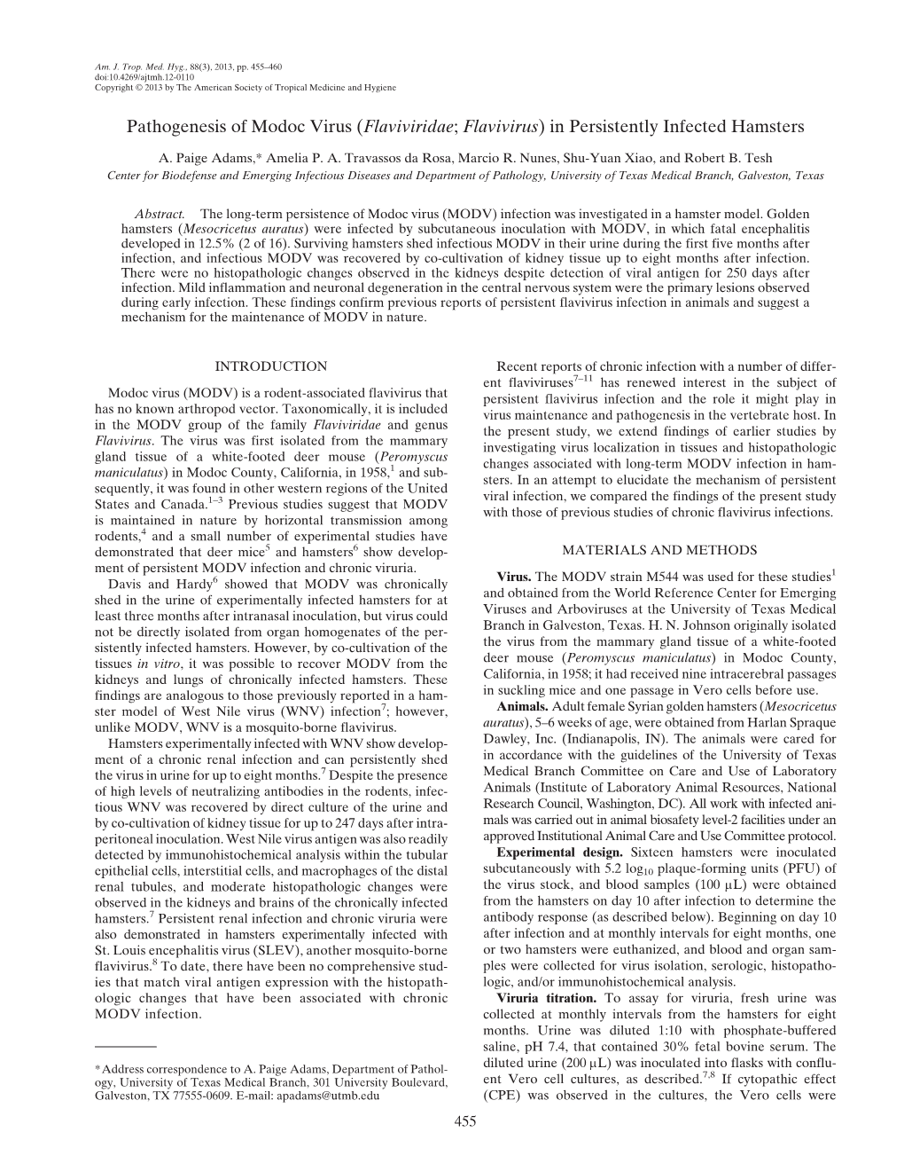 Flaviviridae; Flavivirus) in Persistently Infected Hamsters