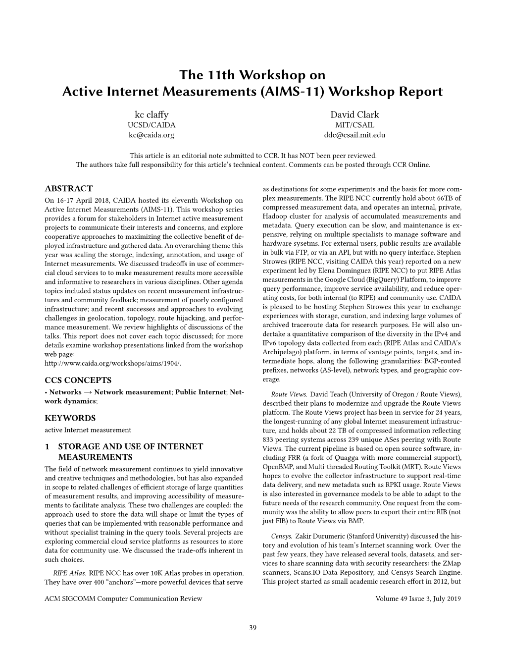 The 11Th Workshop on Active Internet Measurements (AIMS-11) Workshop Report