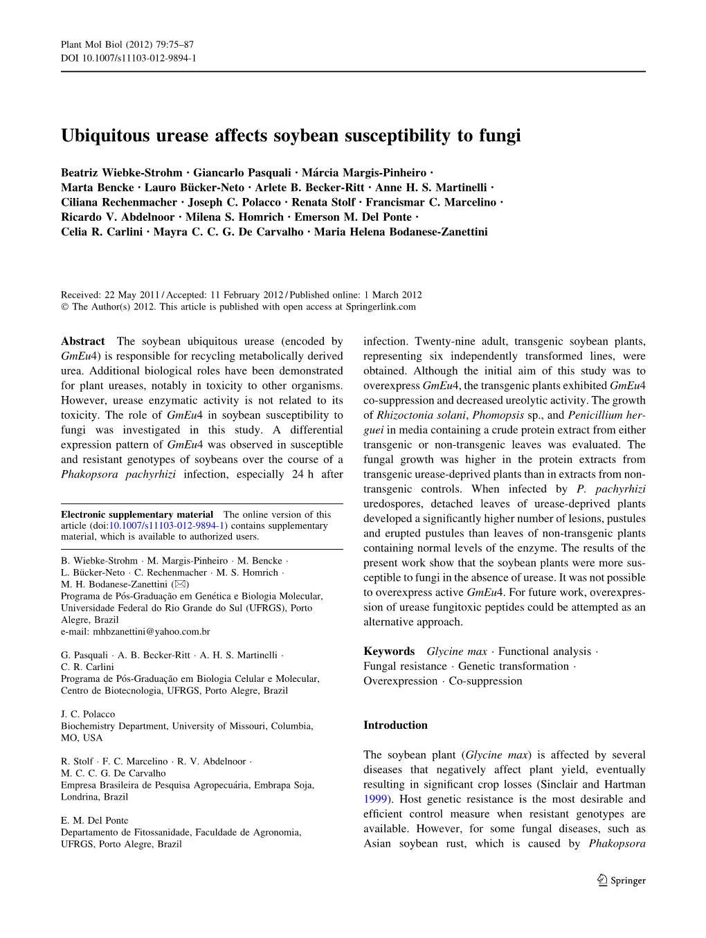 Ubiquitous Urease Affects Soybean Susceptibility to Fungi