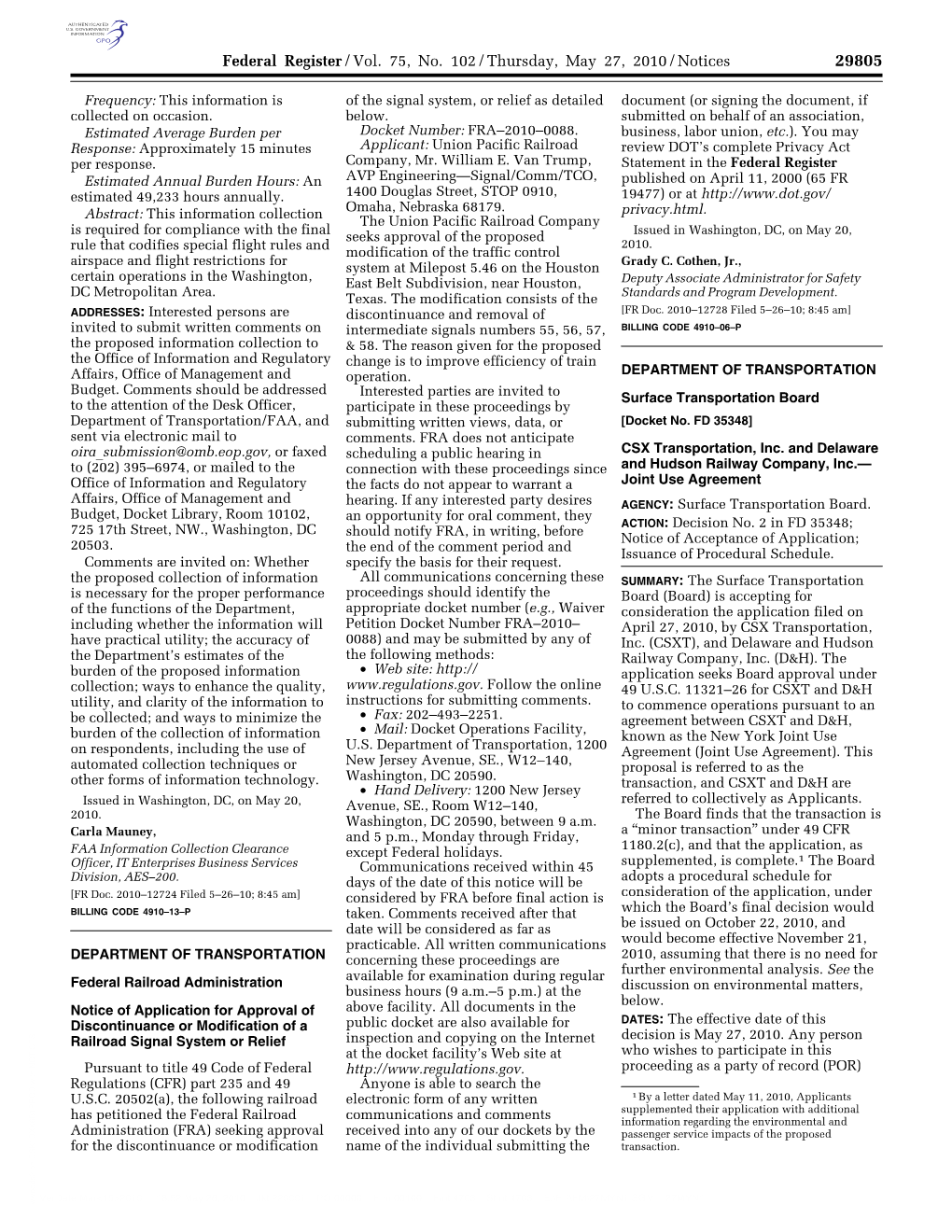 Federal Register/Vol. 75, No. 102/Thursday, May 27, 2010/Notices