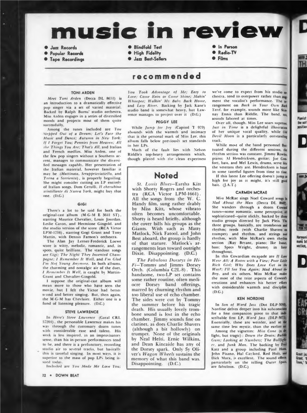 Review • Jazz Records • Blindfold Test • in Person • Popular Records • High Fidelity • Radio-TV • Tape Recordings • Jan Best-Sellers • Films