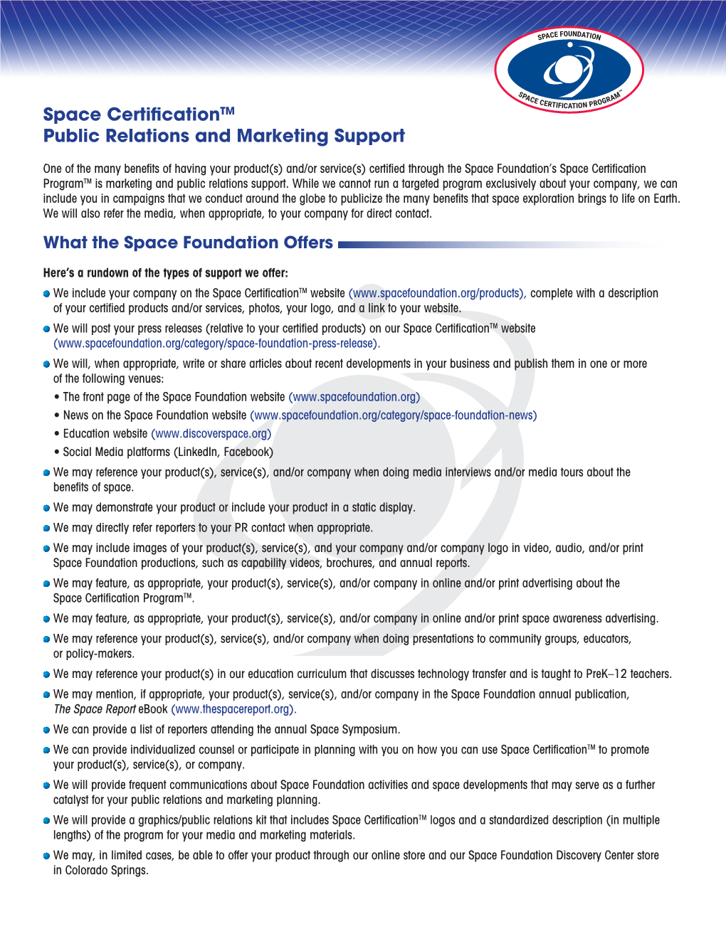 Space Certificationtm Public Relations and Marketing Support