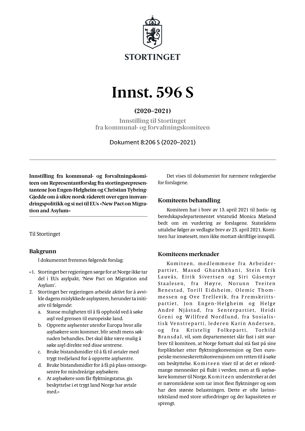 Innst. 596 S (2020–2021) Innstilling Til Stortinget Fra Kommunal- Og Forvaltningskomiteen