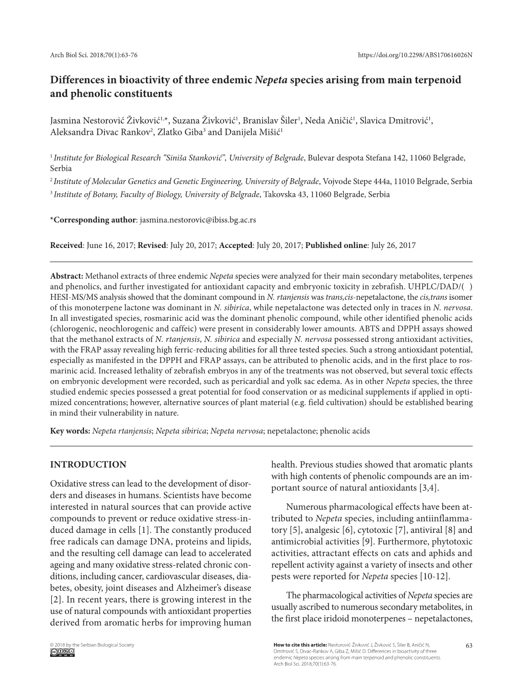 Differences in Bioactivity of Three Endemic Nepeta Species Arising from Main Terpenoid and Phenolic Constituents