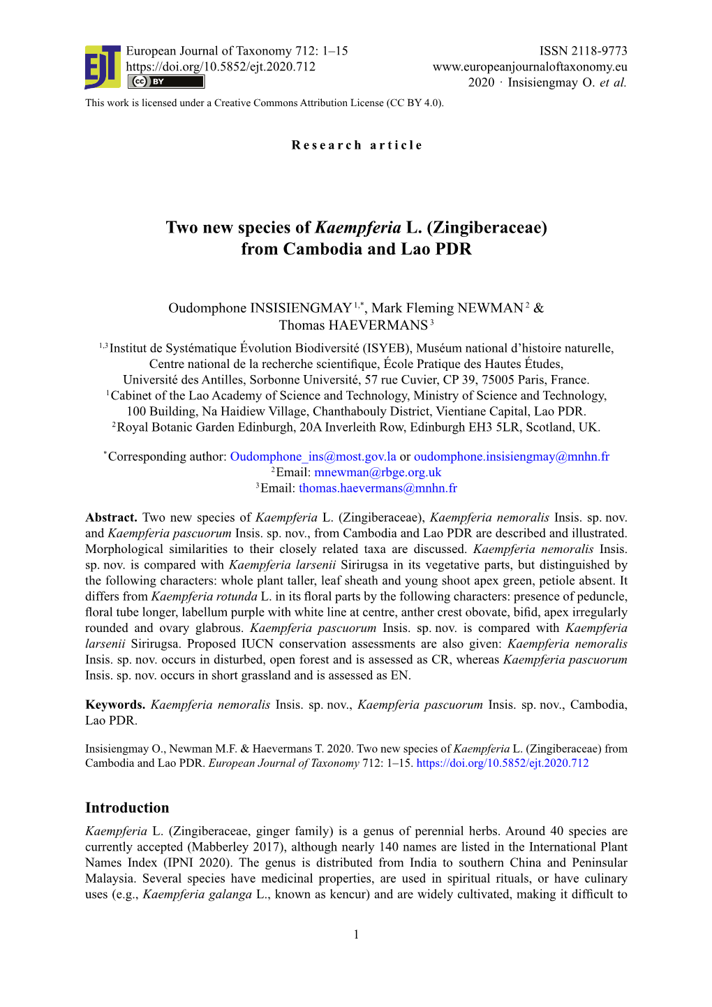 Two New Species of Kaempferia L. (Zingiberaceae) from Cambodia and Lao PDR