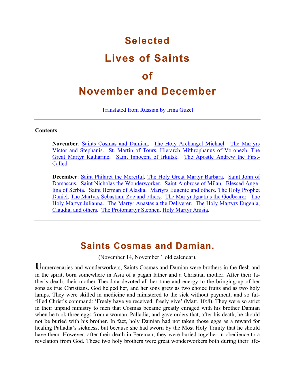 Lives of Saints of November and December