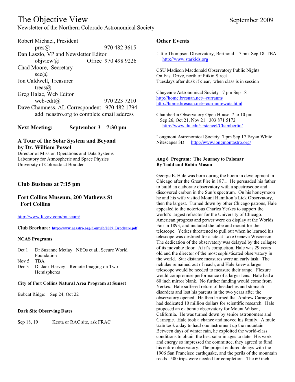 September 2009 Newsletter of the Northern Colorado Astronomical Society