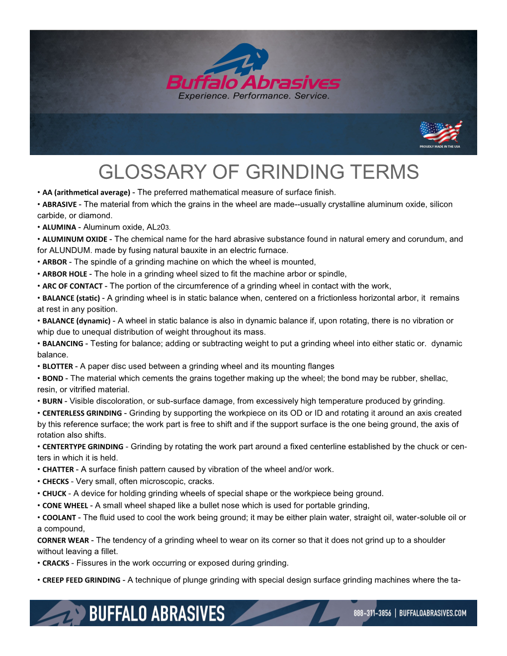 GLOSSARY of GRINDING TERMS • AA (Arithmetical Average) - the Preferred Mathematical Measure of Surface Finish