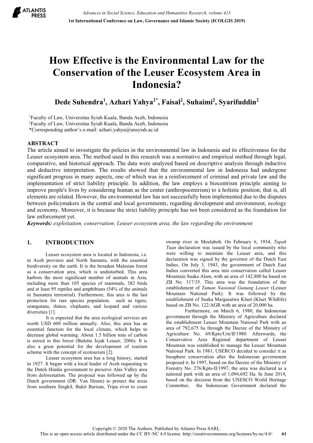 How Effective Is the Environmental Law for the Conservation of the Leuser Ecosystem Area in Indonesia?