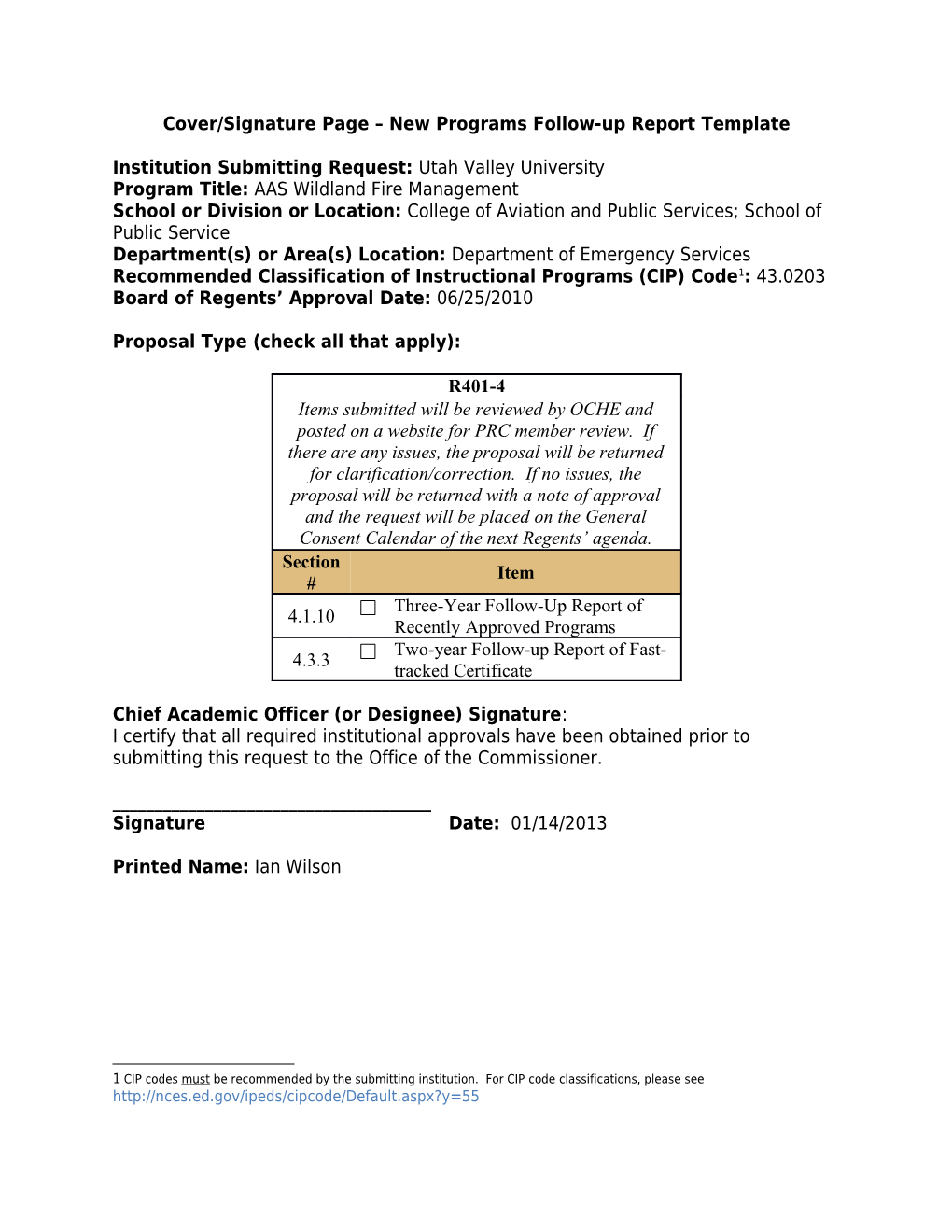 Cover/Signature Page New Programs Follow-Up Report Template