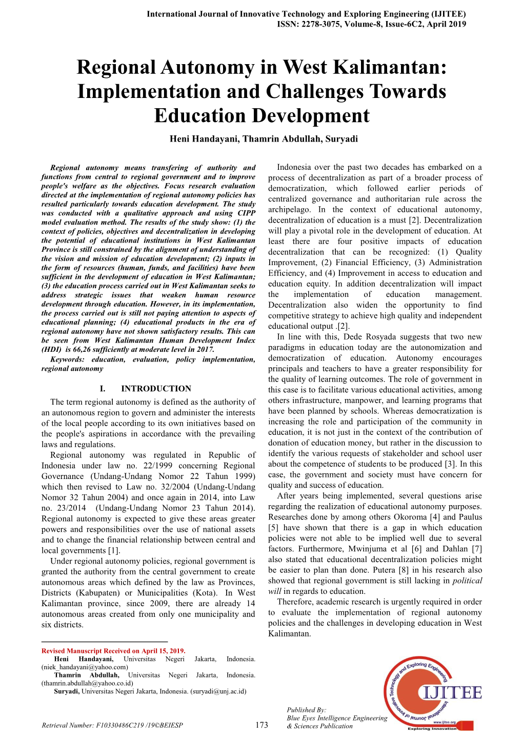 Regional Autonomy in West Kalimantan: Implementation and Challenges Towards Education Development