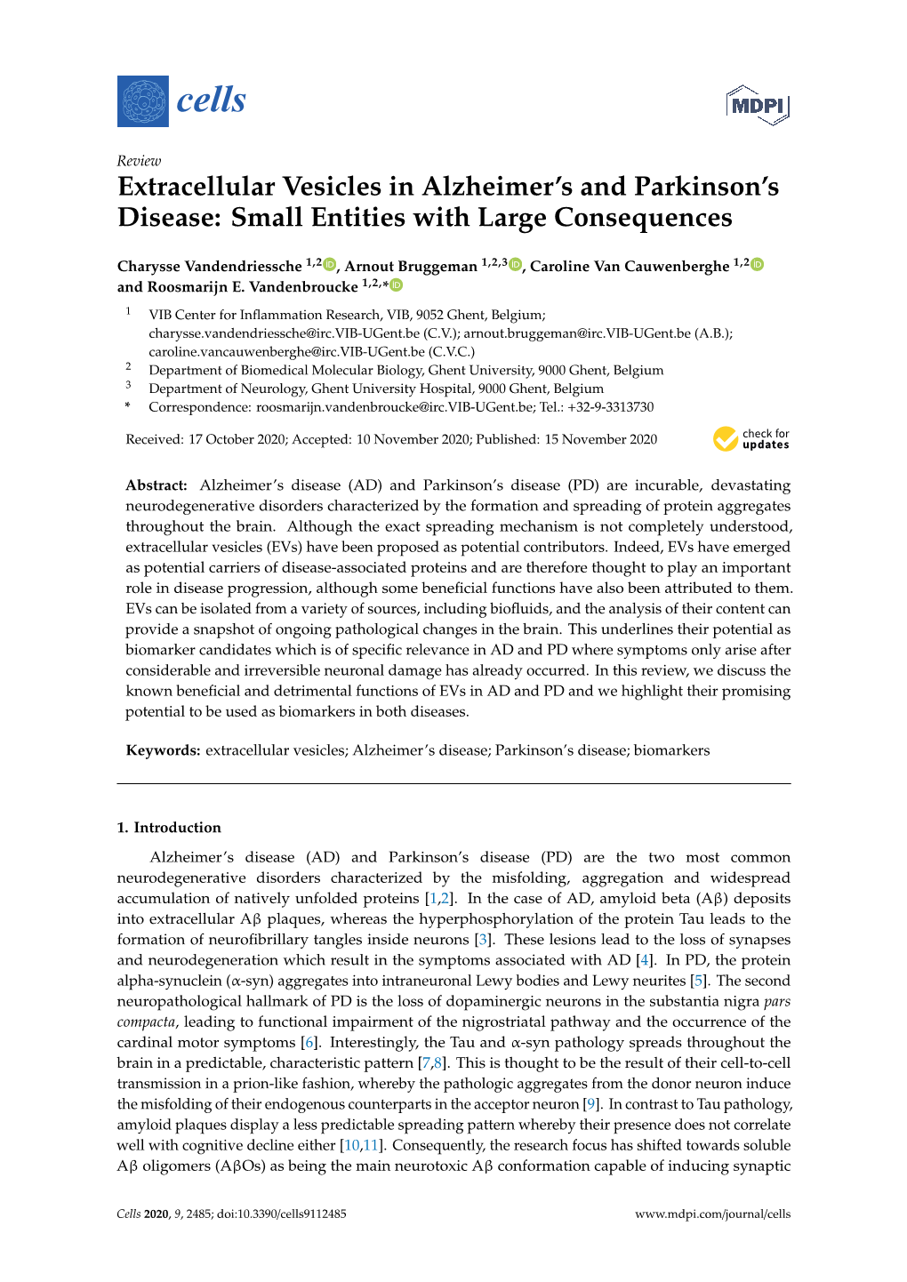 Extracellular Vesicles in Alzheimer's and Parkinson's Disease