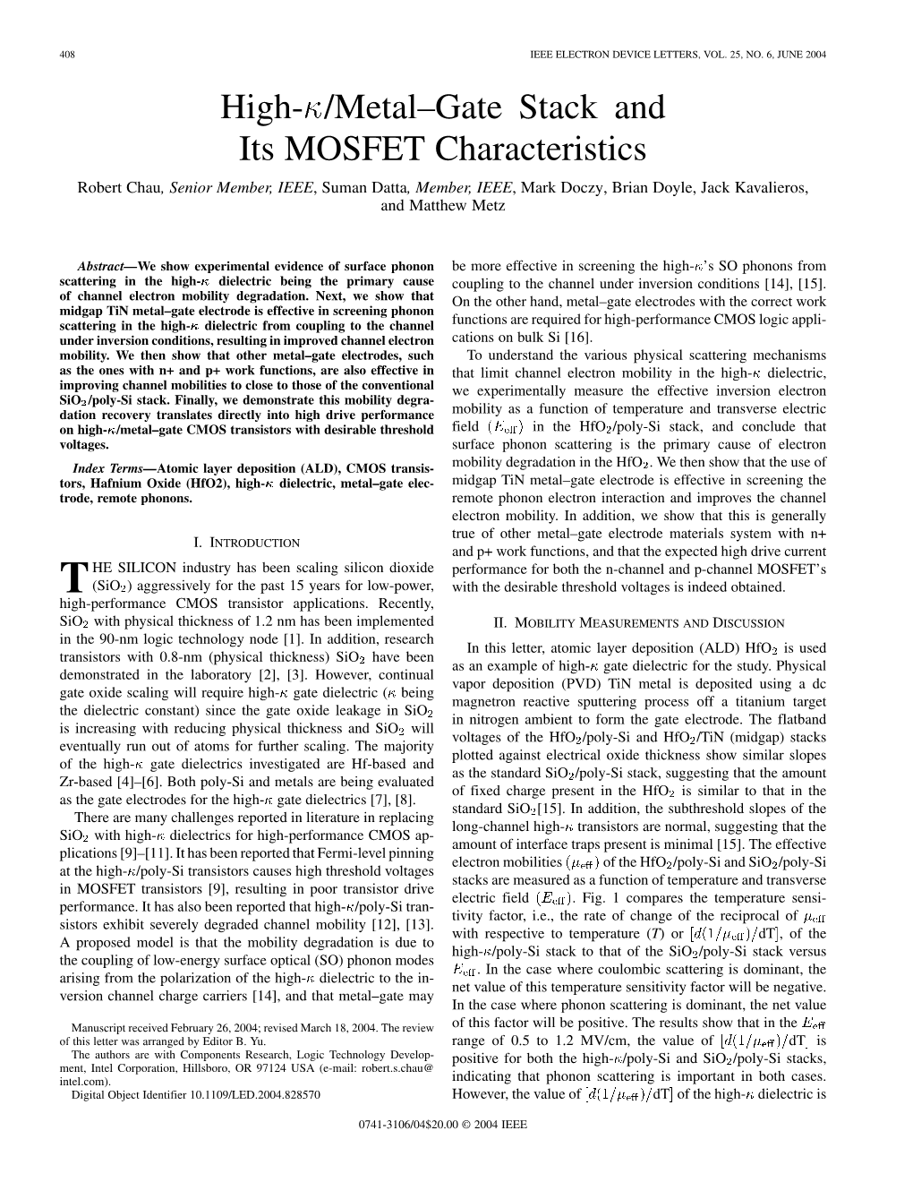 High- /Metal–Gate Stack and Its MOSFET Characteristics