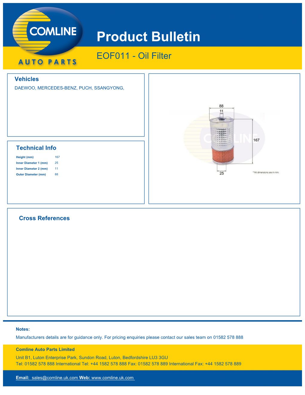 Product Bulletin EOF011 - Oil Filter