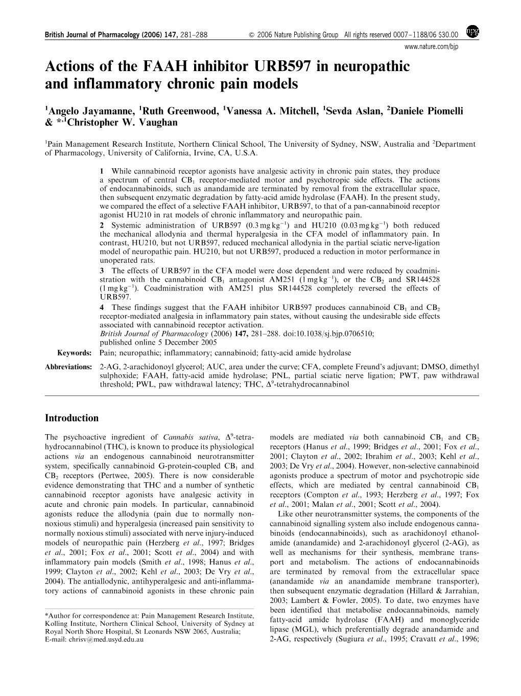 Actions of the FAAH Inhibitor URB597 in Neuropathic and Inflammatory Chronic Pain Models