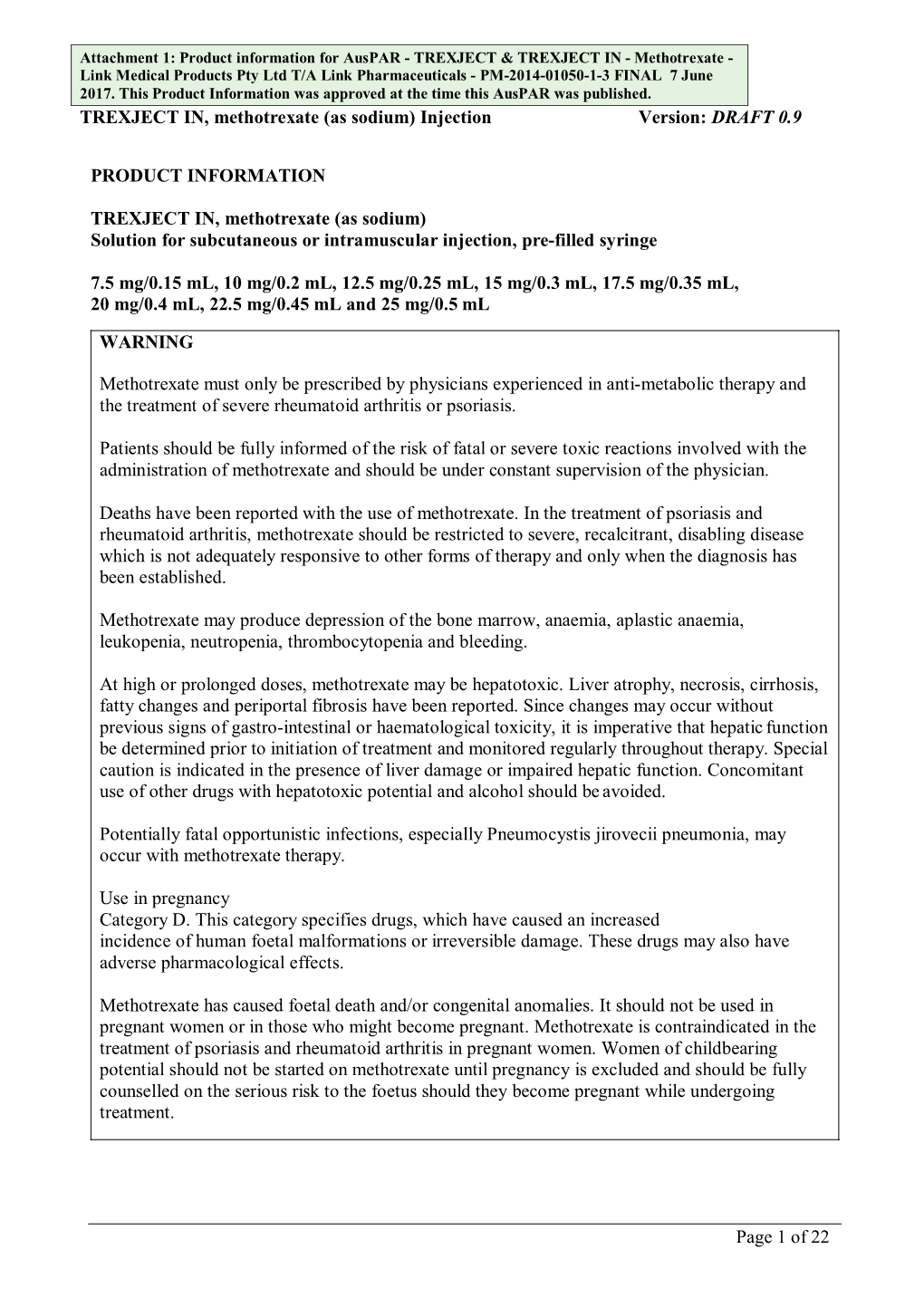 Auspar Attachment 1. Product Information for Methotrexate