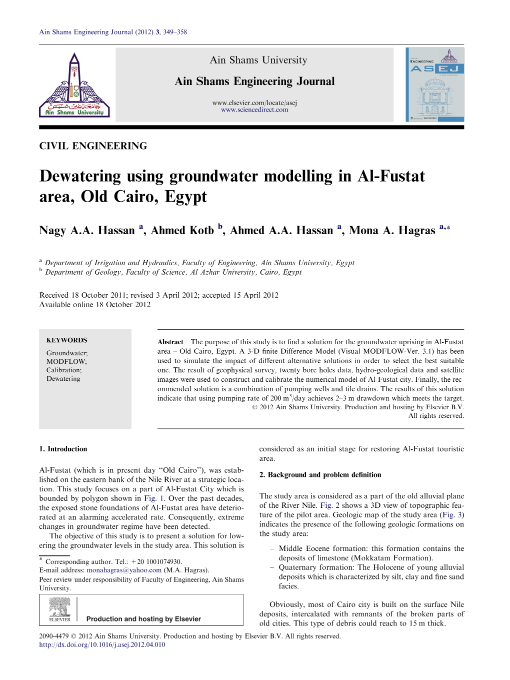 Dewatering Using Groundwater Modelling in Al-Fustat Area, Old Cairo, Egypt