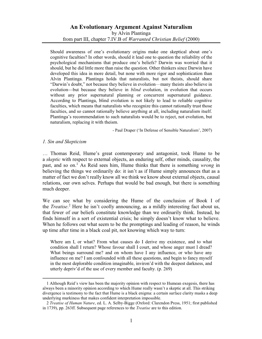 An Evolutionary Argument Against Naturalism by Alvin Plantinga from Part III, Chapter 7.IV.B of Warranted Christian Belief (2000)