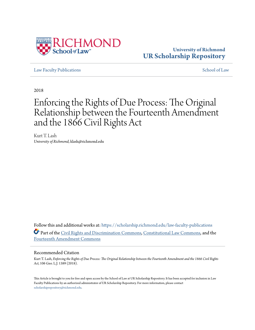 Enforcing the Rights of Due Process: the Original Relationship Between the Fourteenth Amendment and the 1866 Civil Rights Act Kurt T