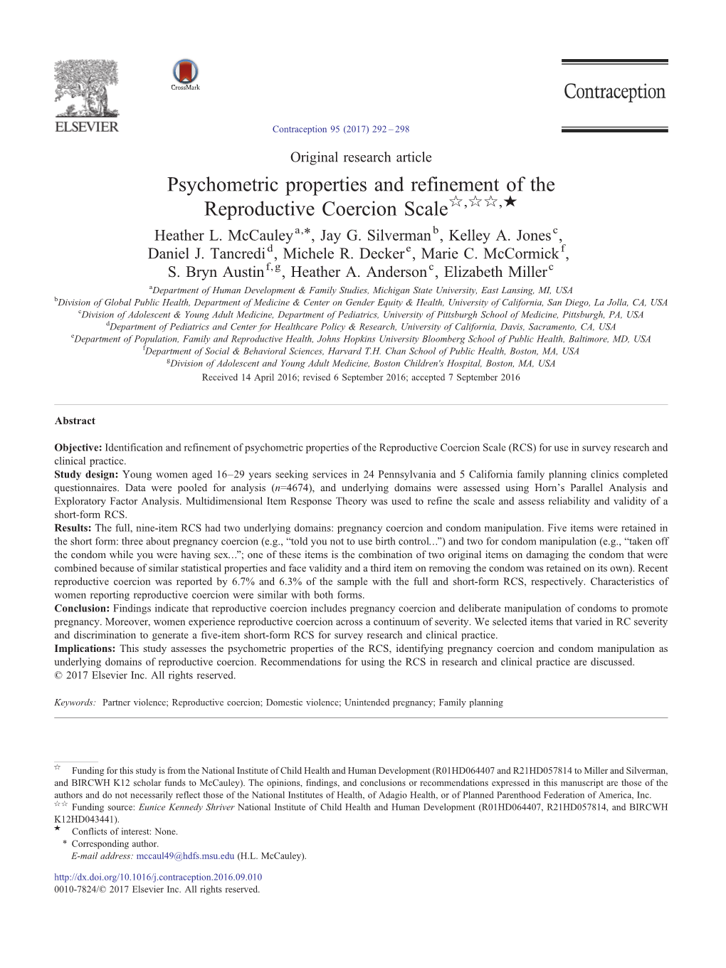 Psychometric Properties and Refinement of the Reproductive Coercion Scale☆,☆☆,★ ⁎ Heather L