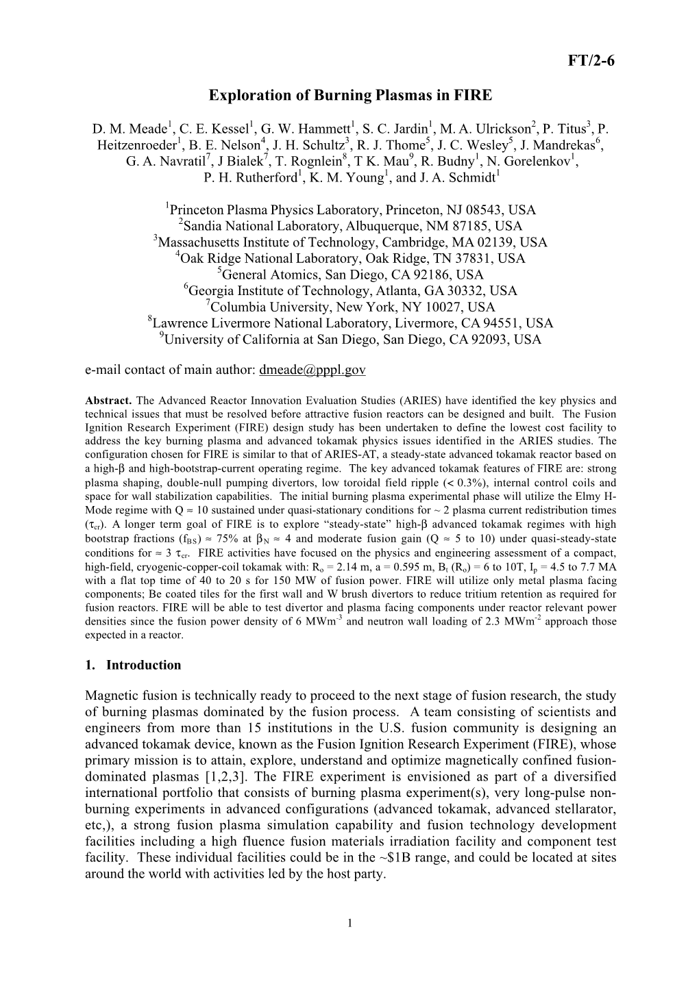 FT/2-6 Exploration of Burning Plasmas in FIRE