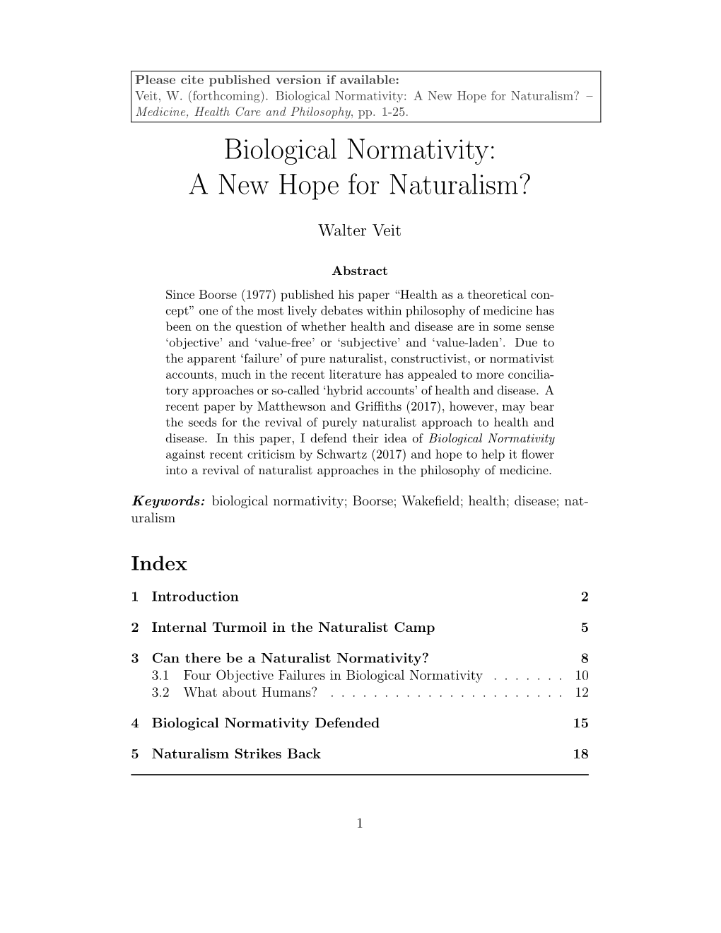 Biological Normativity: a New Hope for Naturalism? – Medicine, Health Care and Philosophy, Pp