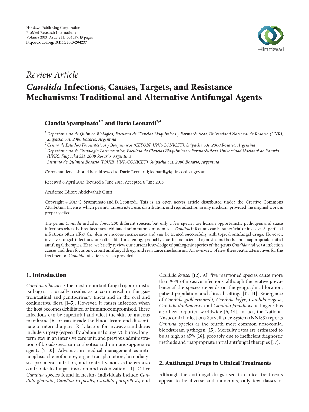 Review Article Candida Infections, Causes, Targets, and Resistance Mechanisms: Traditional and Alternative Antifungal Agents