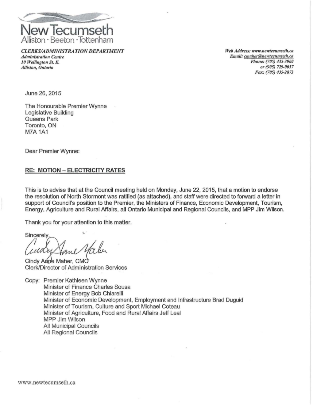 Www .Newtecumseth.Ca Electricity Rates Adopted by Town of New Tecumseth Council June 22, 2015