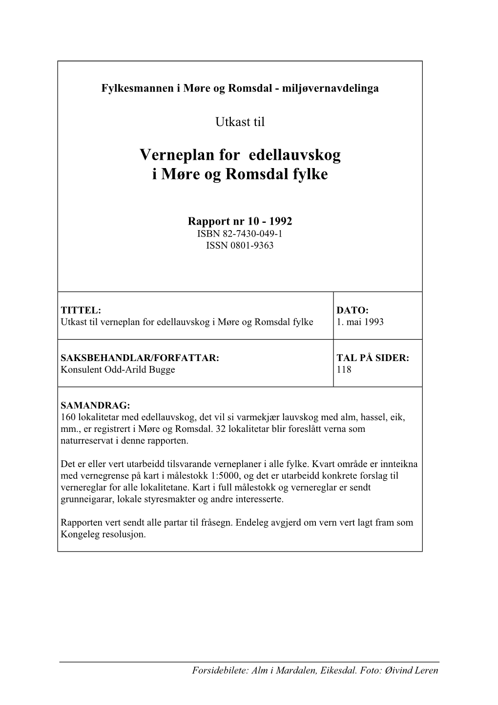 Verneplan for Edellauvskog I Møre Og Romsdal Fylke