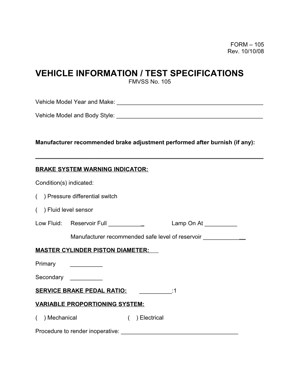 Vehicle Information / Test Specifications