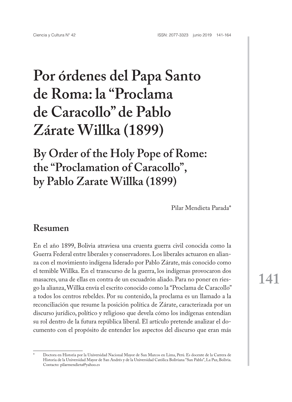 Por Órdenes Del Papa Santo De Roma: La “Proclama De Caracollo” De