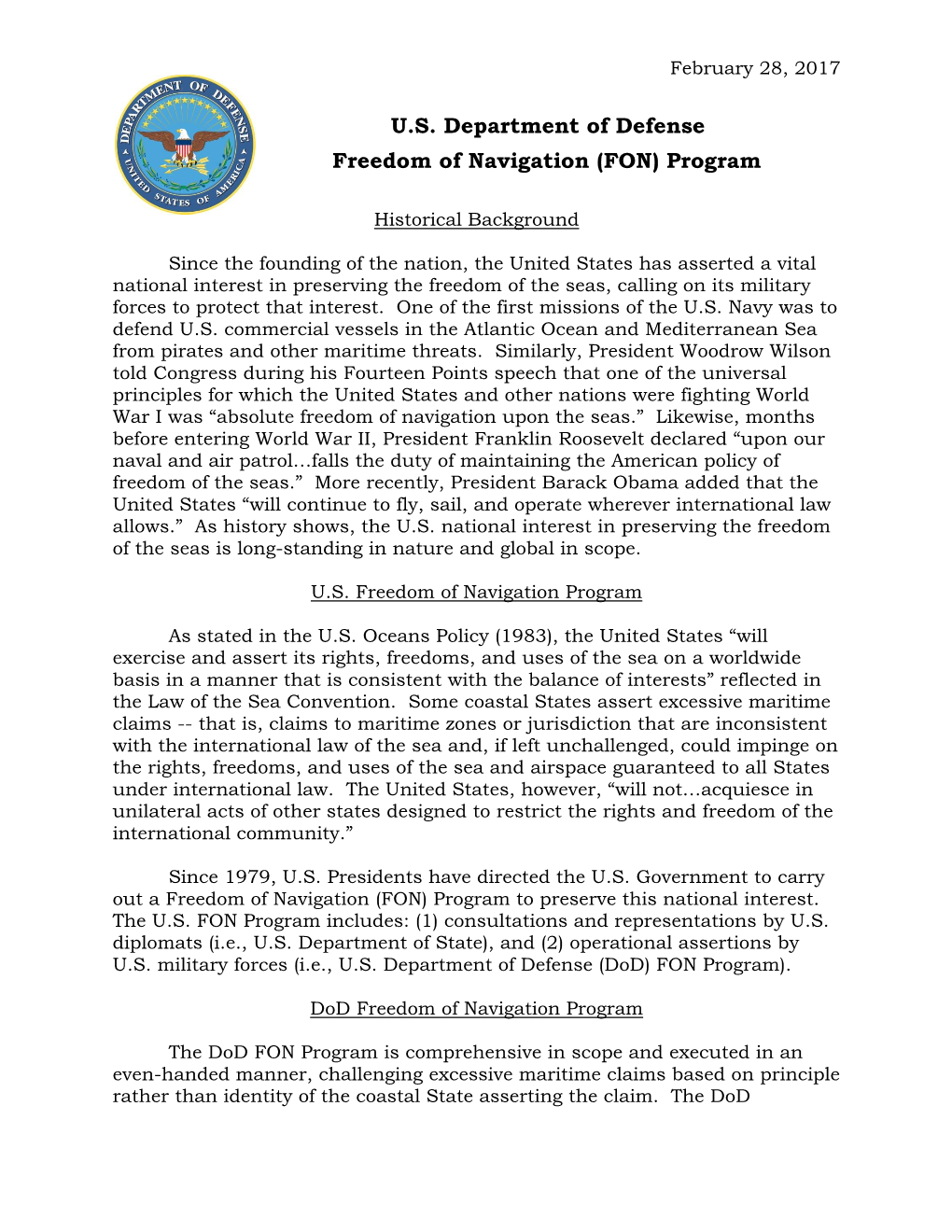 U.S. Department of Defense Freedom of Navigation (FON) Program