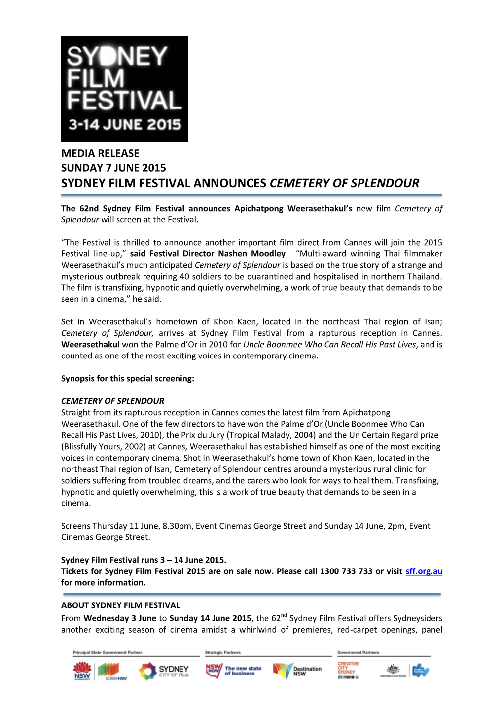 Sydney Film Festival Announces Cemetery of Splendour 07/06/2015