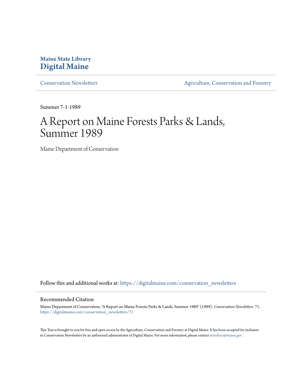 A Report on Maine Forests Parks & Lands, Summer 1989