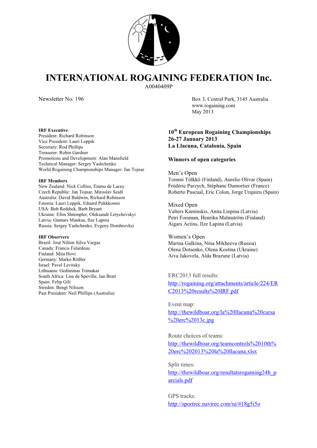 INTERNATIONAL ROGAINING FEDERATION Inc. A0040409P