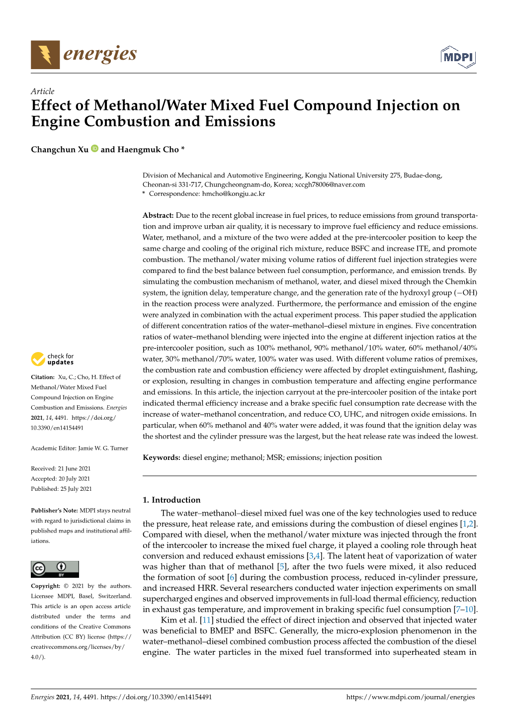 Effect of Methanol/Water Mixed Fuel Compound Injection on Engine Combustion and Emissions