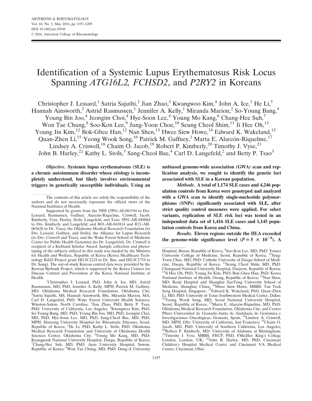 Identification of a Systemic Lupus Erythematosus Risk Locus Spanning ATG16L2, FCHSD2, and P2RY2 in Koreans