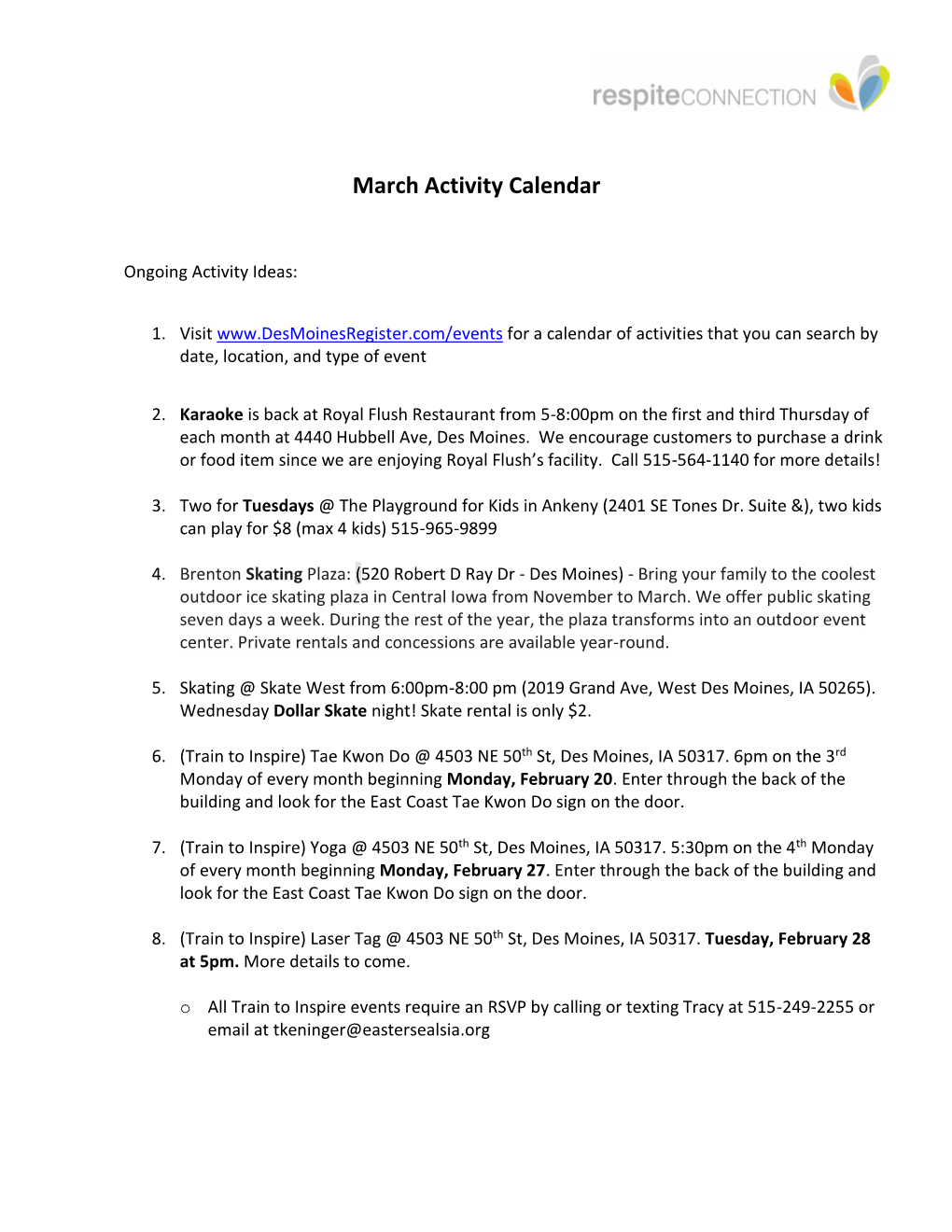 March Activity Calendar