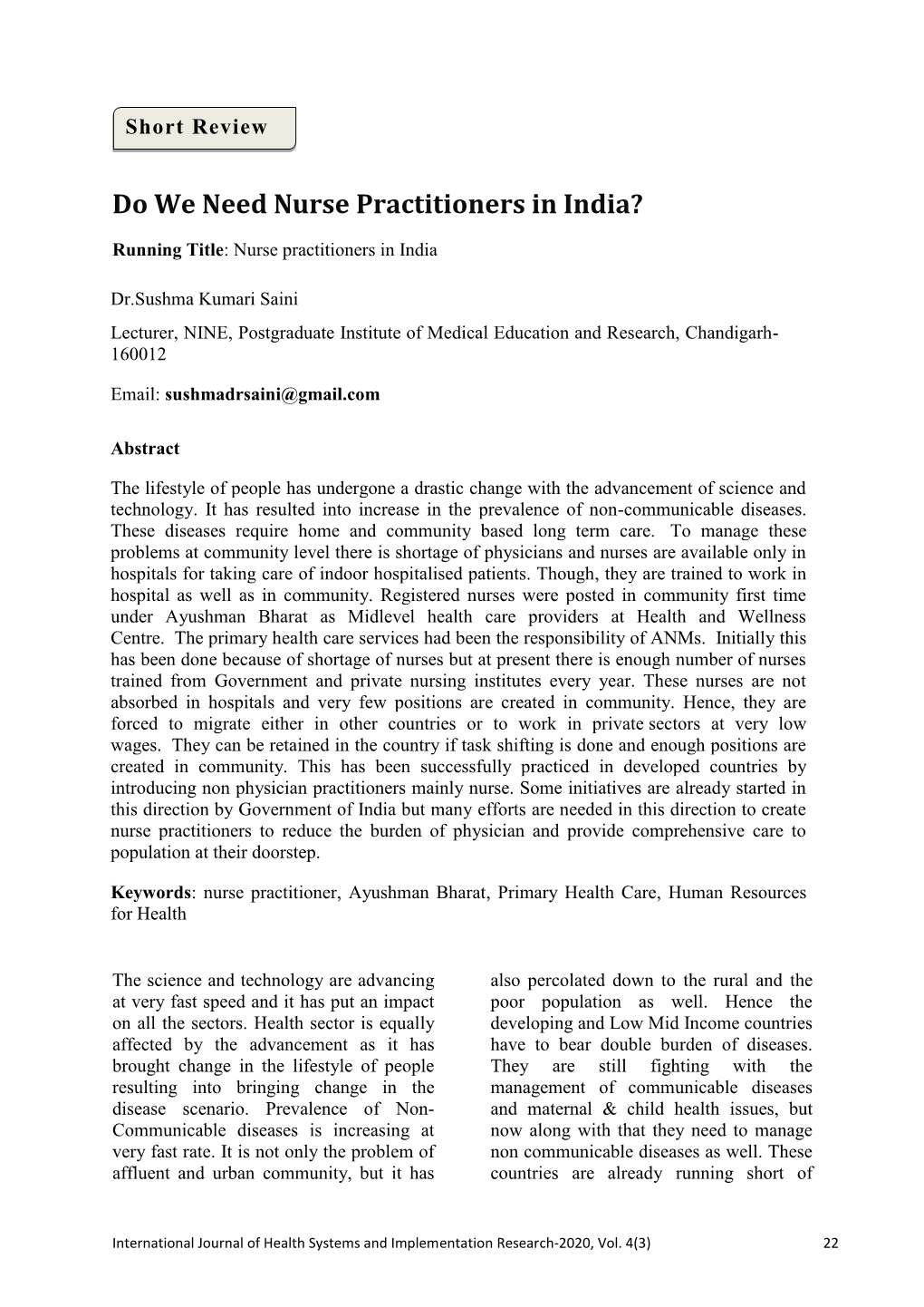 Do We Need Nurse Practitioners in India?