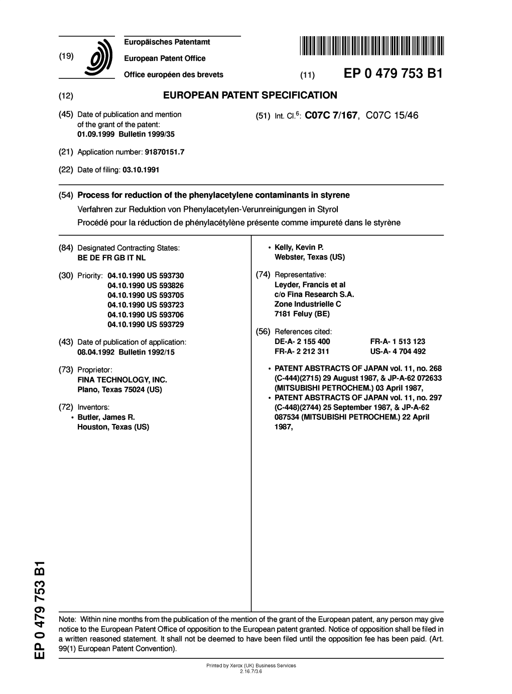 Process for Reduction of the Phenylacetylene Contaminants In