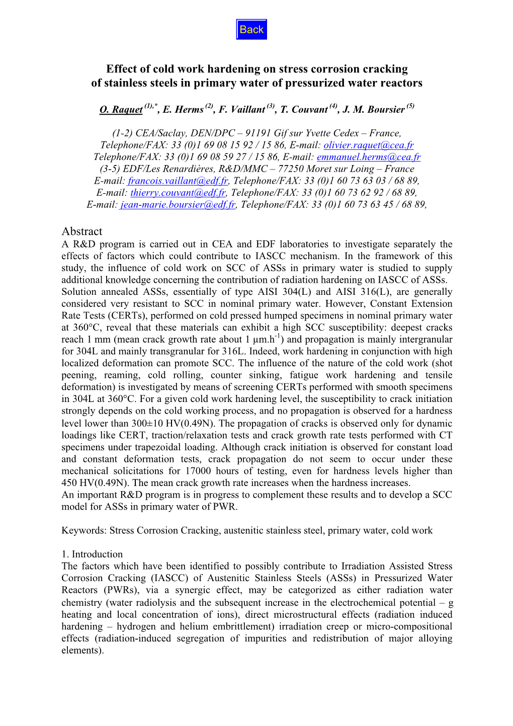 Effect of Cold Work Hardening on Stress Corrosion Cracking of Stainless Steels in Primary Water of Pressurized Water Reactors